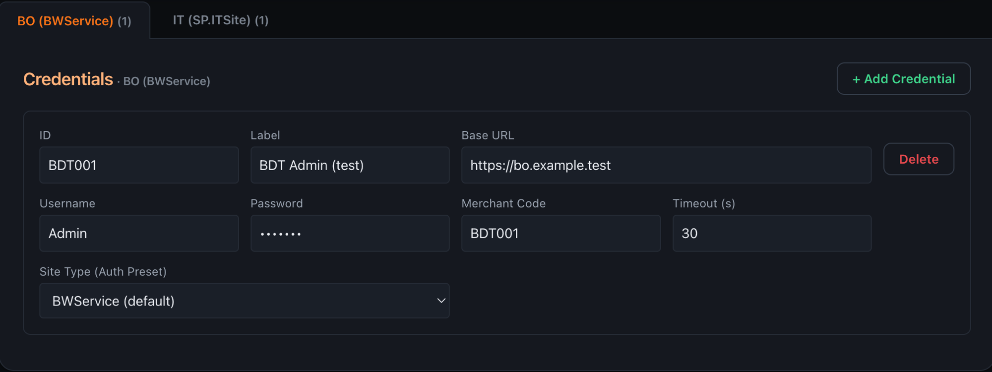 Real Add credentials UI showing BO and IT tabs with BDT001 credential record
